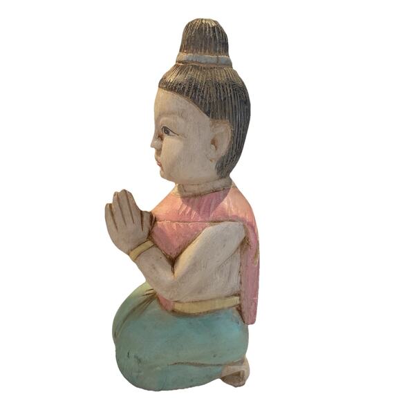 Vintage Hand Carved Asian Praying Kneeling Wooden Hand Painted Statue 11" - Picture 3 of 7